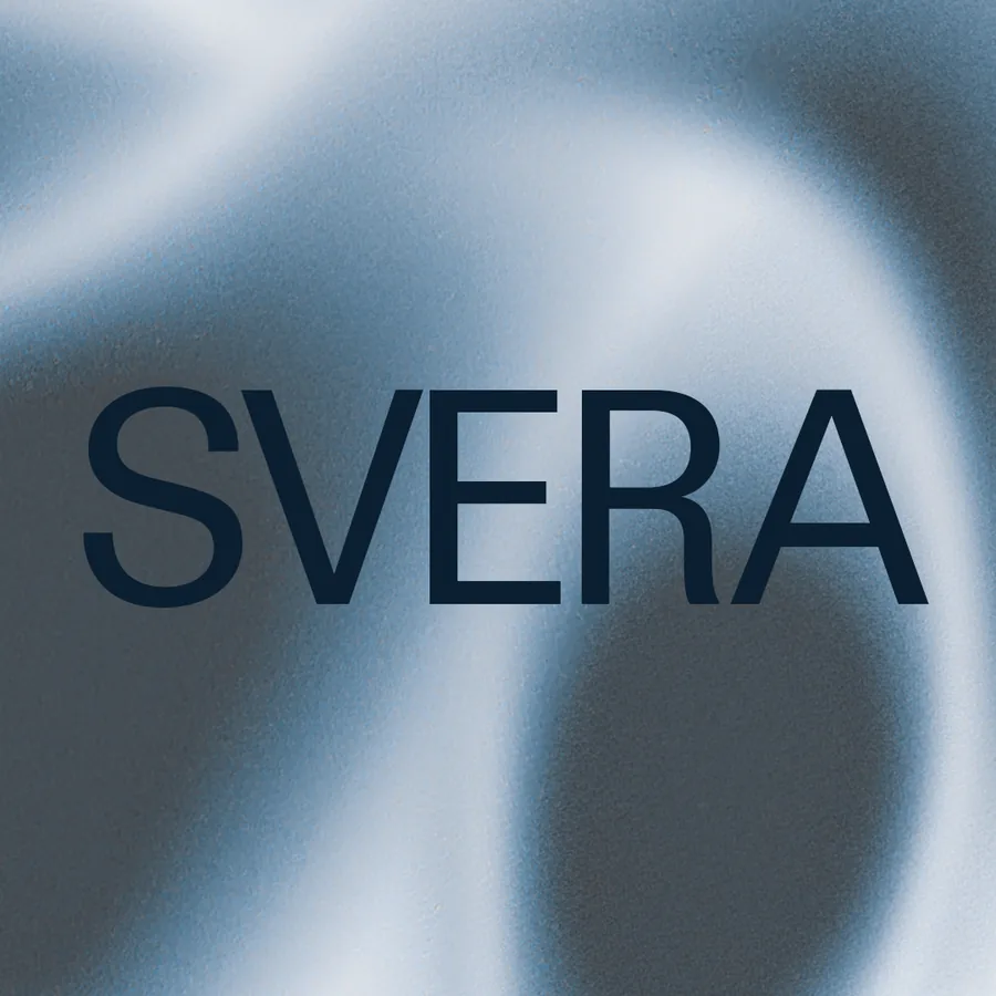 SVERA wordmark in the deep ink tone on the blue gradient