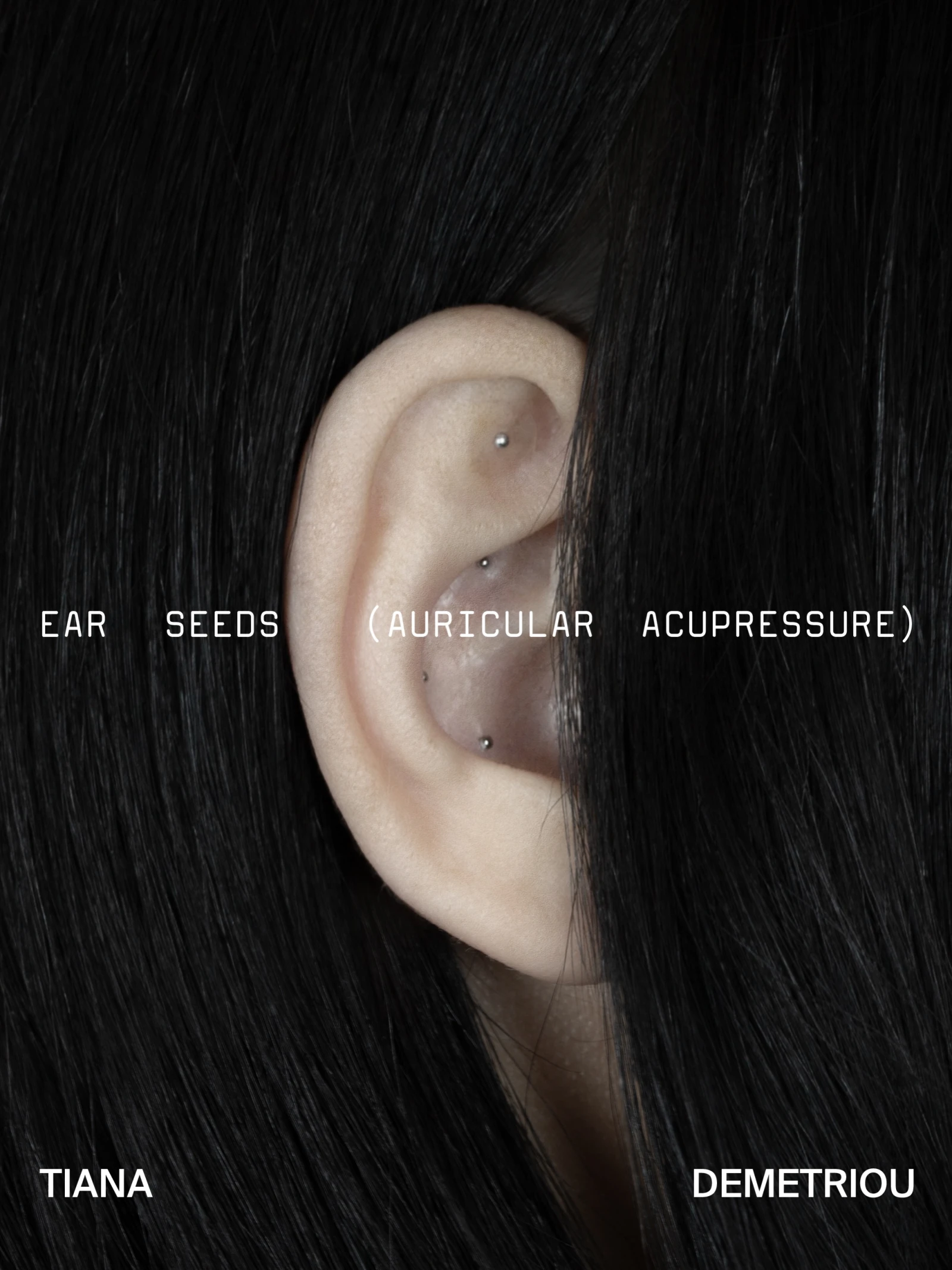 Tiana Acupuncture ear seeds campaign portrait showing an ear with an ear seed